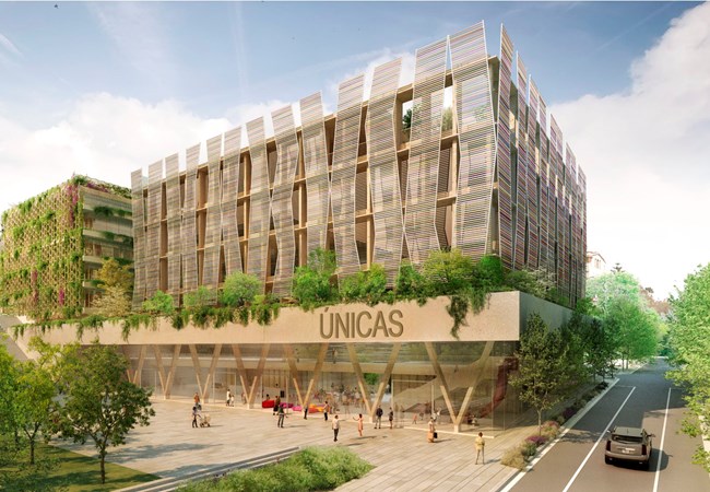 Rendering of the ÚNICAS Center for Rare Pediatric Diseases. A modern new building with elegant design and large windows.
