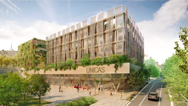 Rendering of the ÚNICAS Center for Rare Pediatric Diseases. A modern new building with elegant design and large windows.