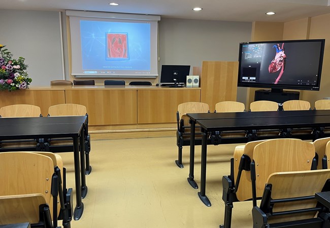 Μια αίθουσα διδασκαλίας με καρέκλες και οθόνη βιντεοπροβολέα για παρουσιάσεις και ένα τραπέζι εικονικής ανατομής