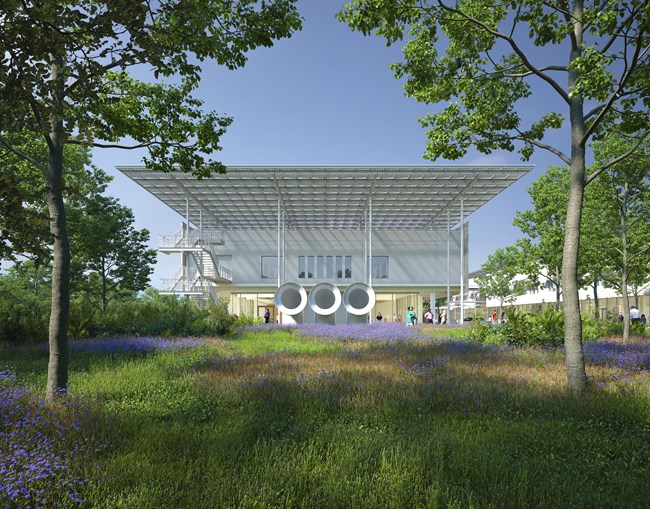 Rendering of the SNF General Hospital of Komotini with a prominent overhanging canopy seen through trees in a verdant landscape