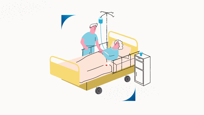 An illustration of a person in a hospital bed holding the hand of a persona standing next to them